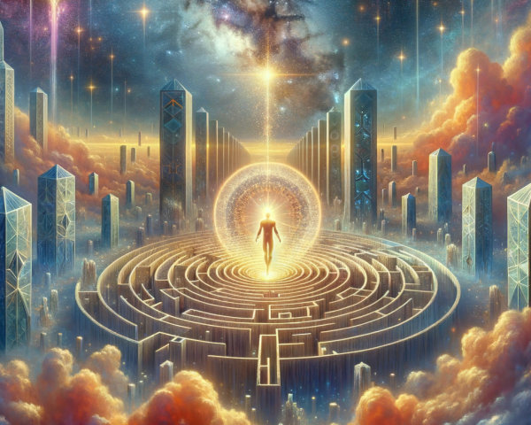Golden maze with crystalline structures under cosmic sky