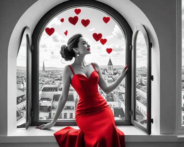 Glamorous Woman in Red Dress Against Cityscape Background