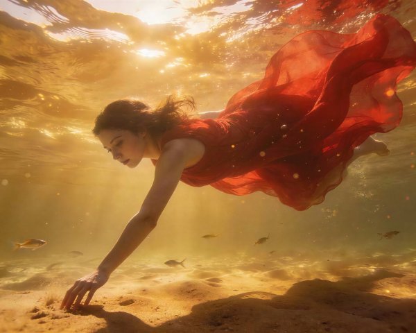 Young woman in red dress swimming underwater in sunlight