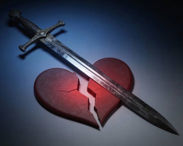 Elegant Silver Sword on Broken Red Heart Background