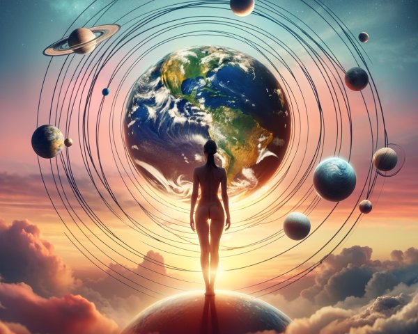 Silhouette on Planet Observing Vibrant Earth and Cosmos