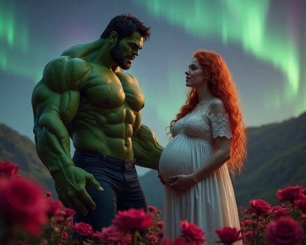 Surreal Landscape with Green Figure and Pregnant Woman