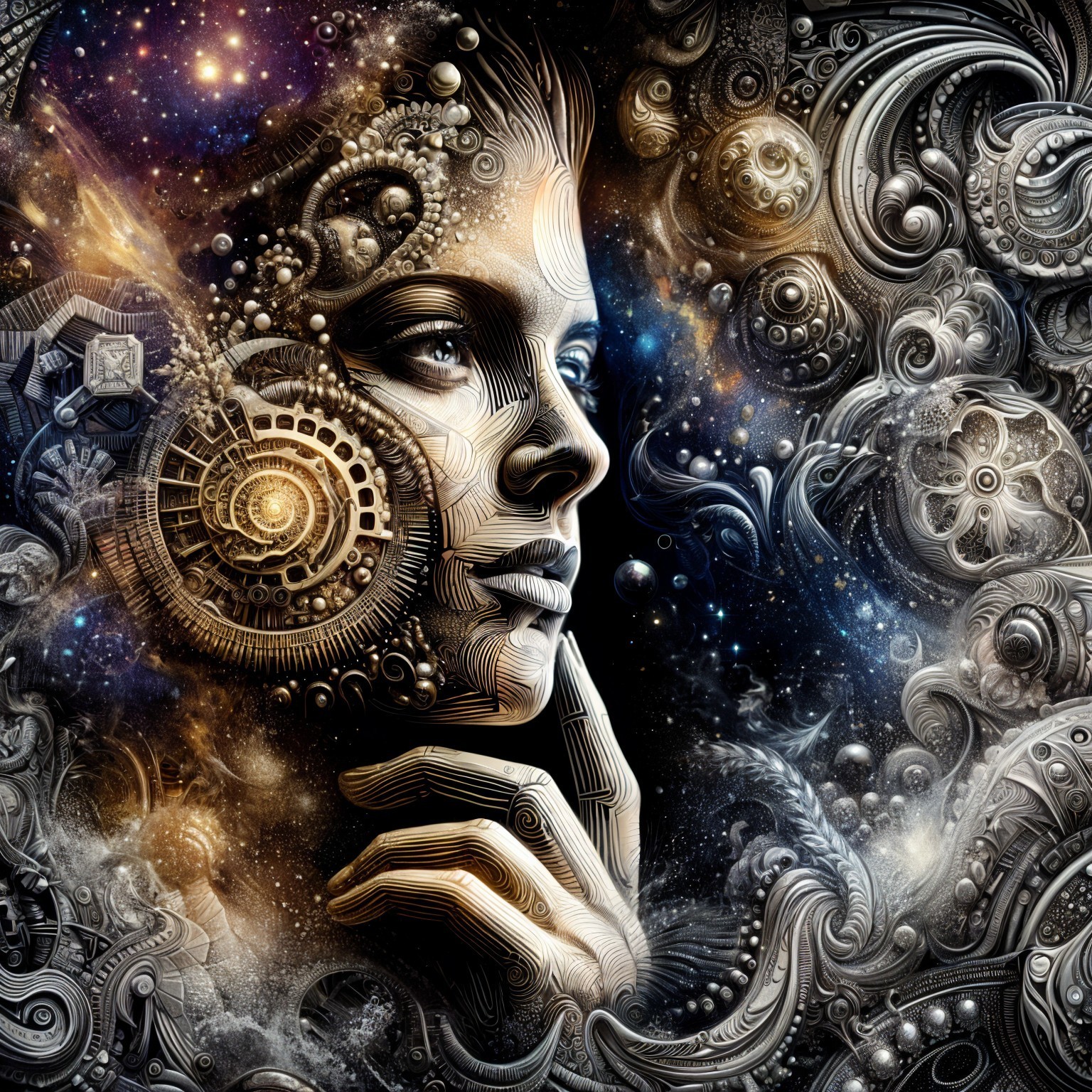 Surreal Human Face with Cosmic and Mechanical Elements