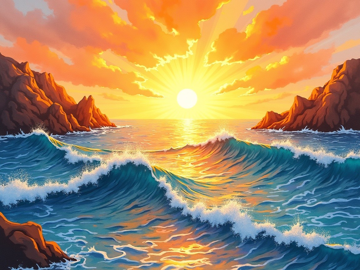 Vibrant Sunset Over Ocean with Rugged Cliffs