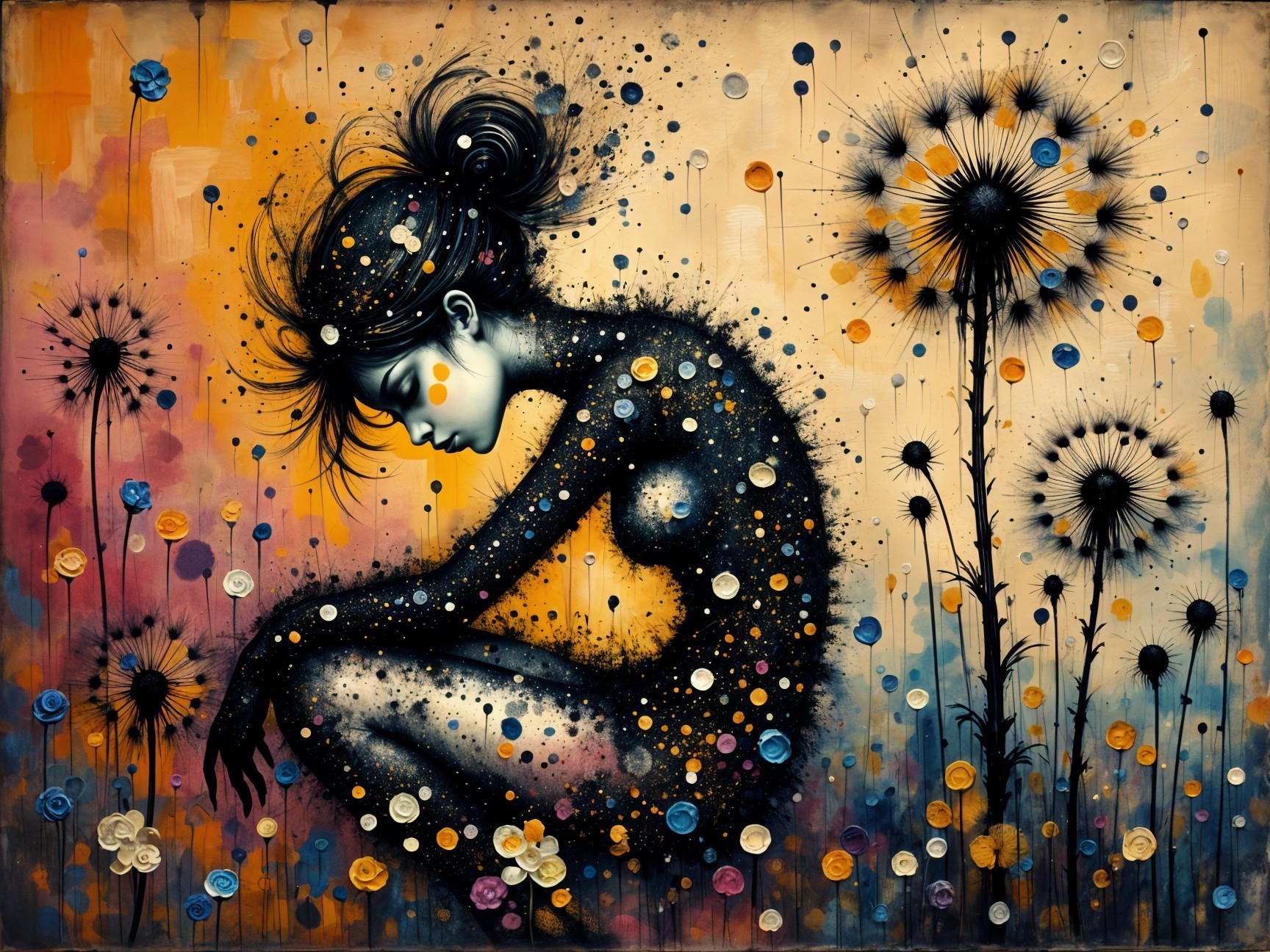 Silhouette of a Woman Amidst Colorful Floral Elements