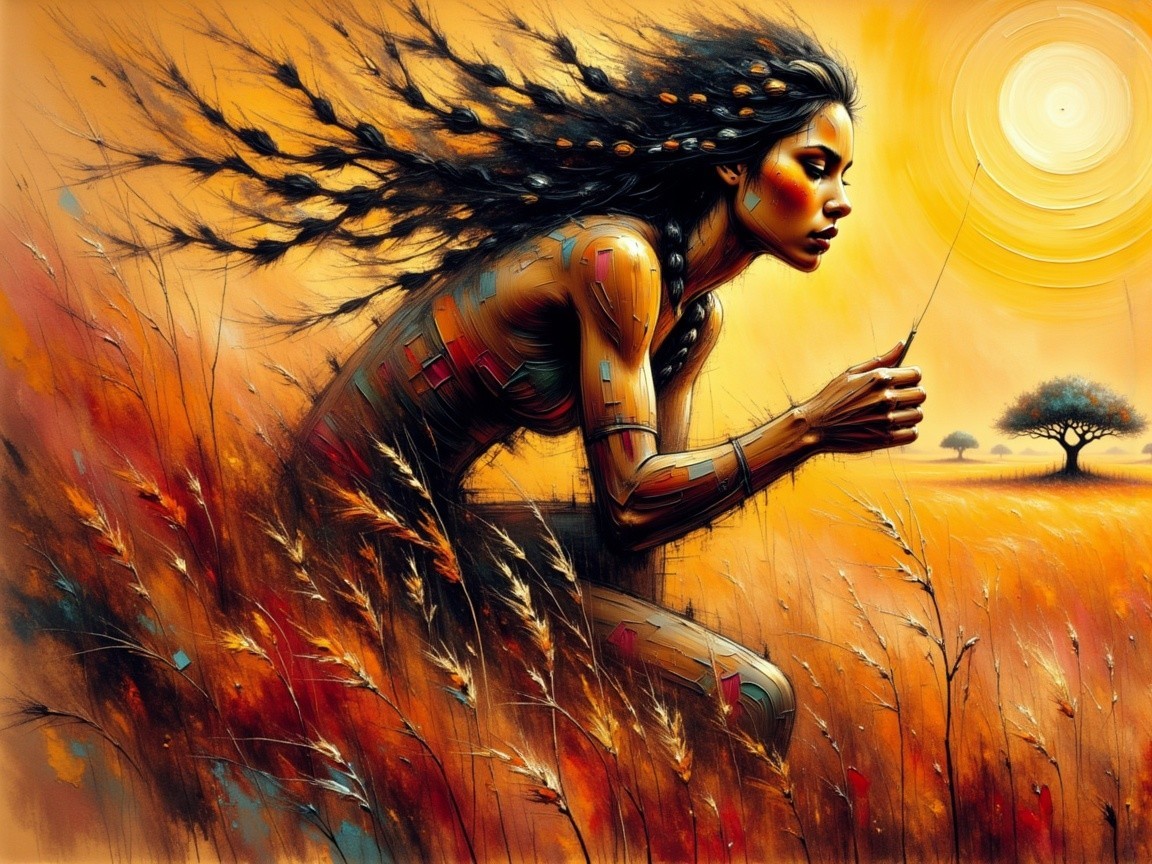 Silhouette of a woman in golden grass at sunset