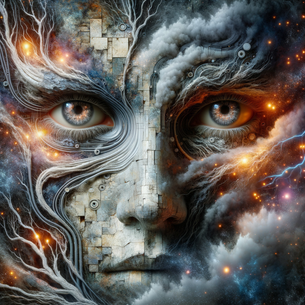 Surreal Face with Intricate Patterns and Cosmic Elements