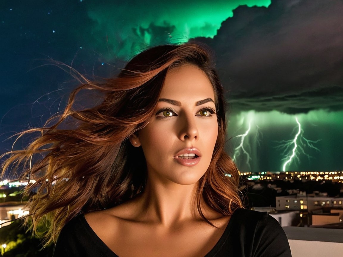 Woman with Brown Hair Under Aurora and Lightning Sky