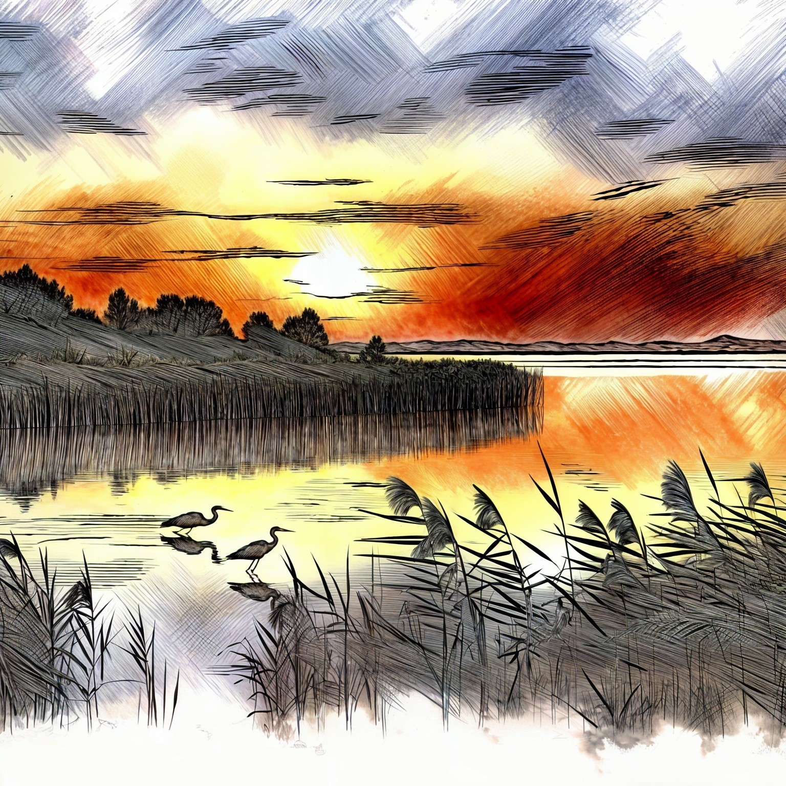 Serene Sunset Landscape with Birds and Wetlands