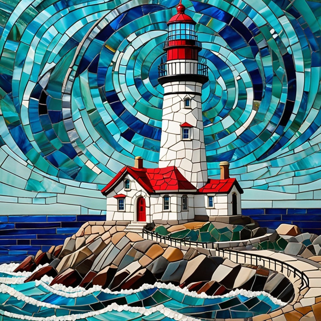 Vibrant Stained Glass Lighthouse Artwork Description