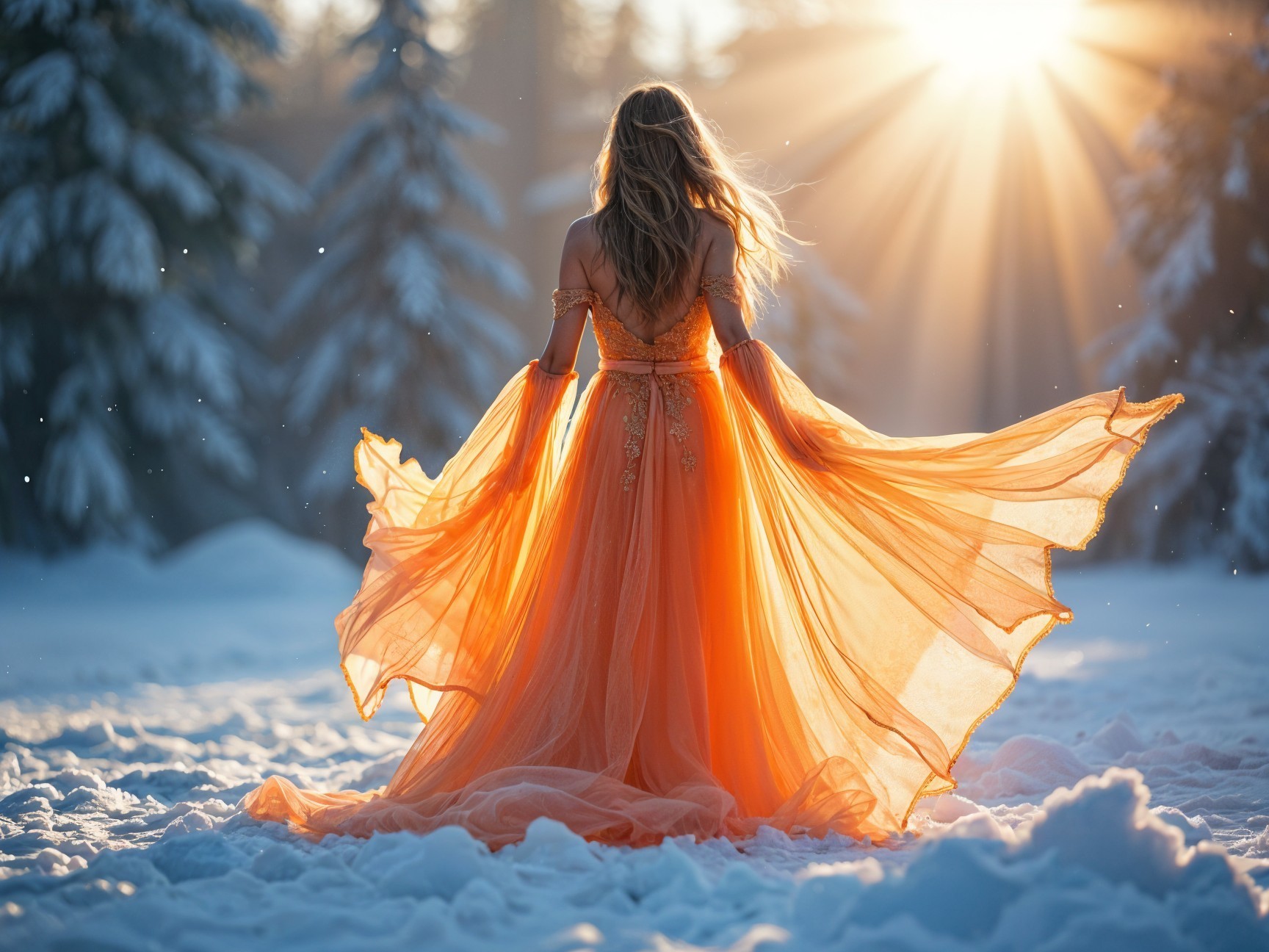 Woman in orange gown in snowy landscape at sunset