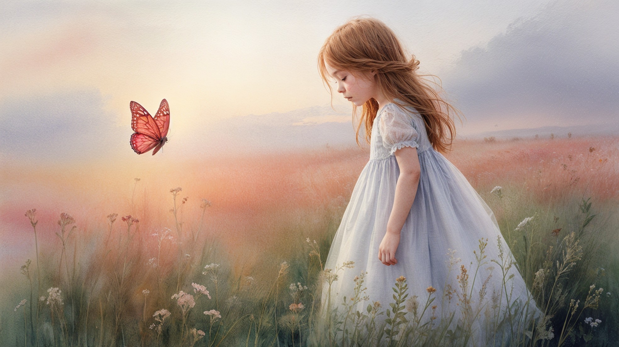 Young girl in blue dress admiring butterfly in field