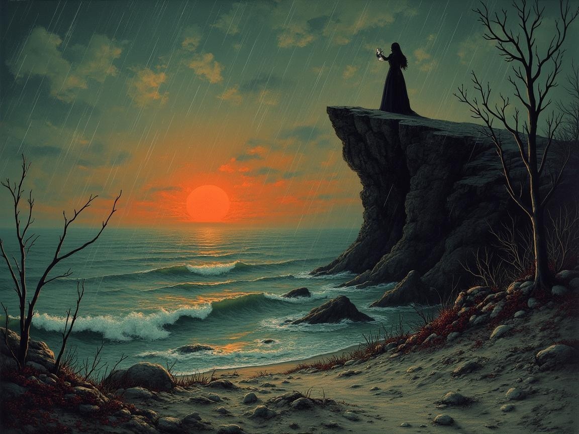 Cloaked Figure on Cliff at Sunset Over Ocean