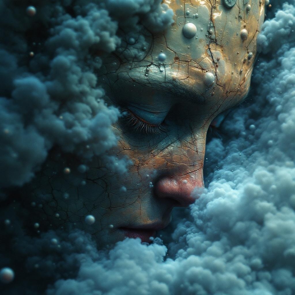 Close-Up of Serene Face in Textured Clouds