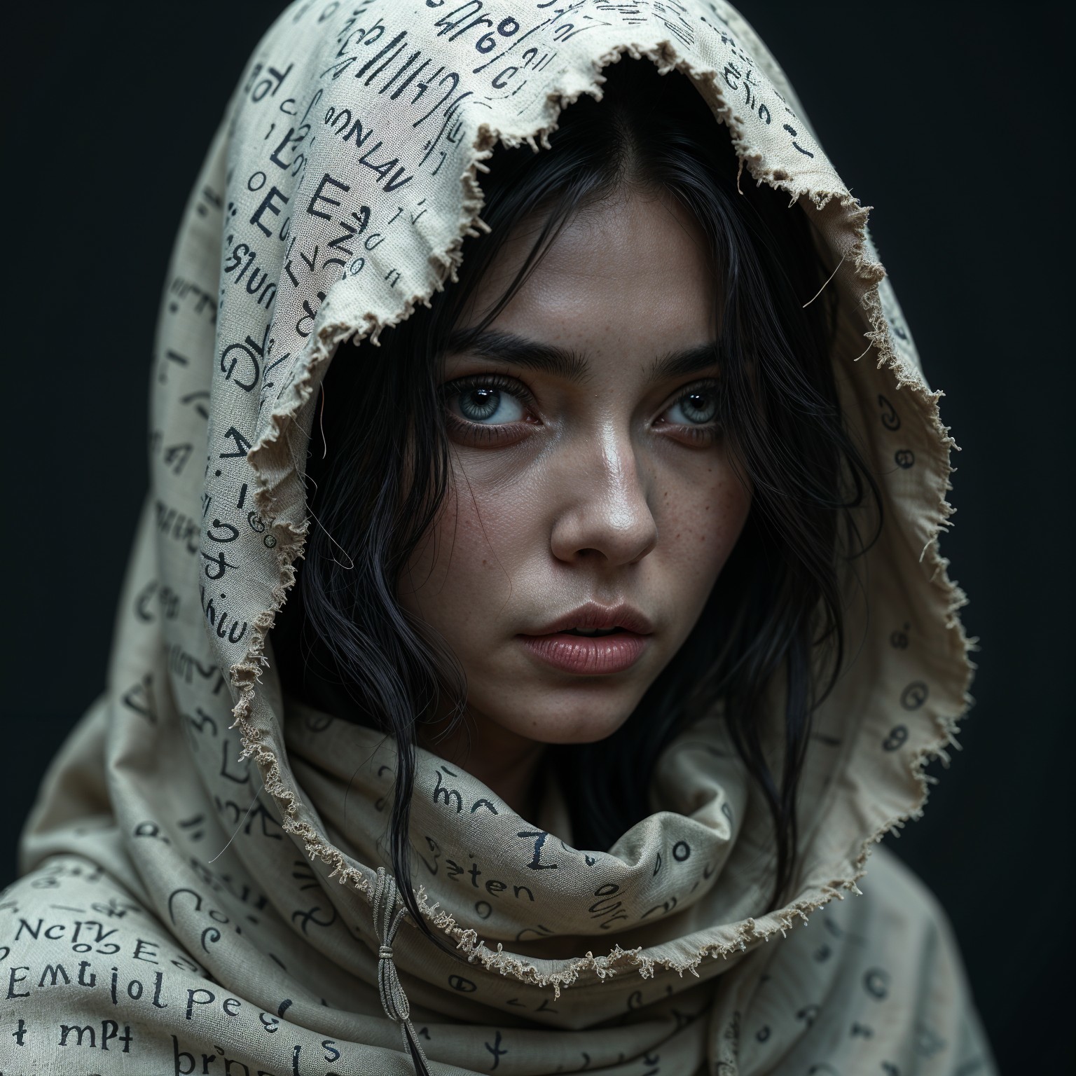 Young woman in hooded garment with intense expression
