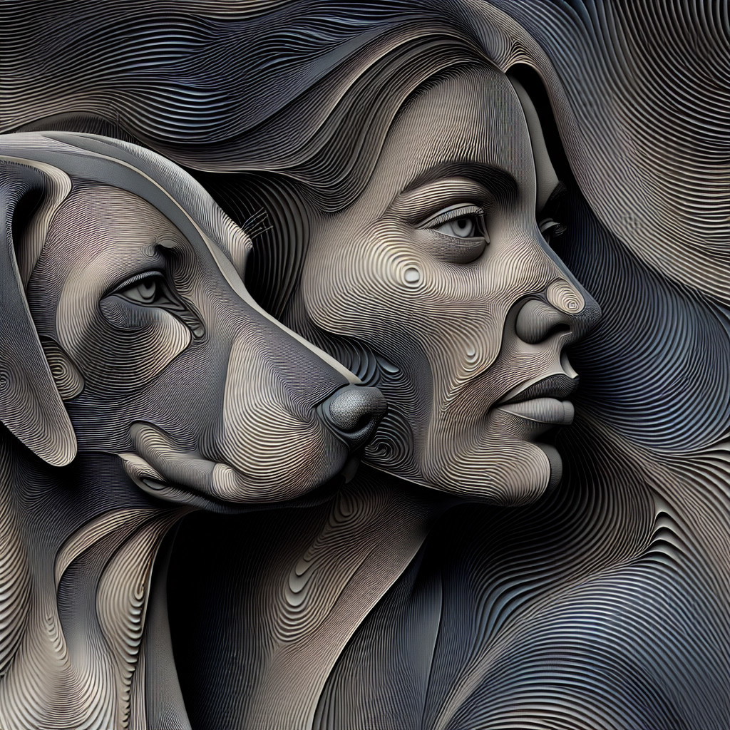 3D Line Art Rendering of Woman and Dog on Dark Surface