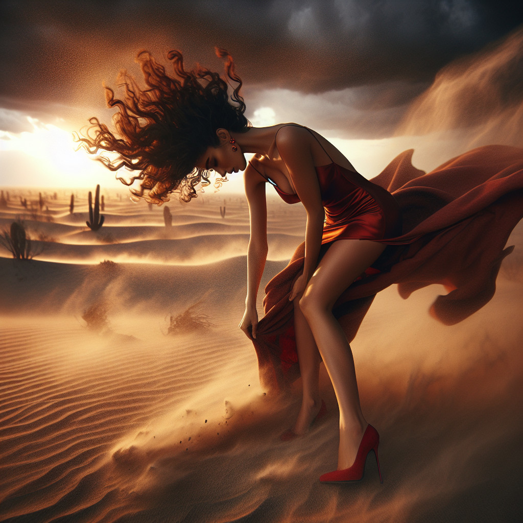 Woman in Red Dress in Desert at Sunset