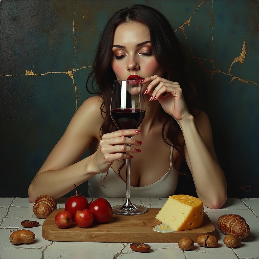 Elegant woman with wine and gourmet food setting