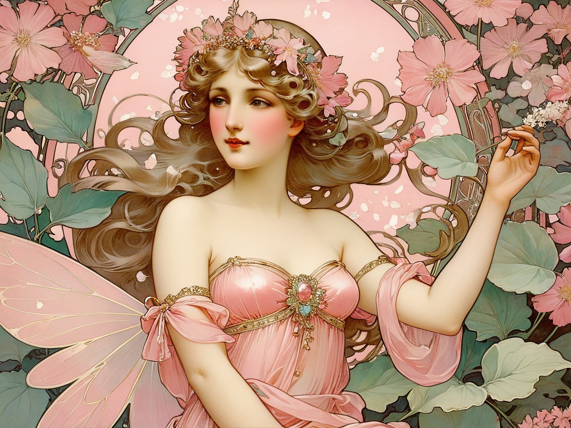 Fairy in Pink Gown Surrounded by Blossoms and Leaves