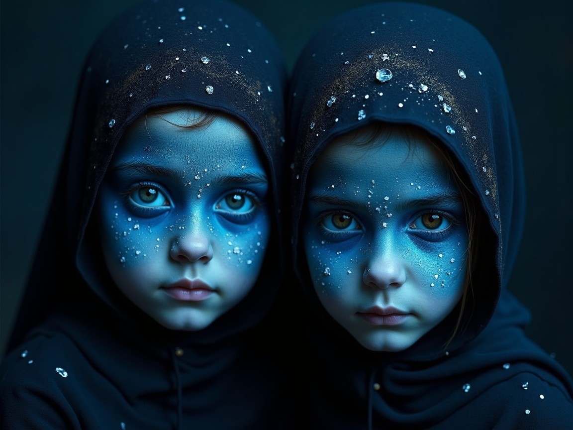 Young girls with blue face paint and hooded garments