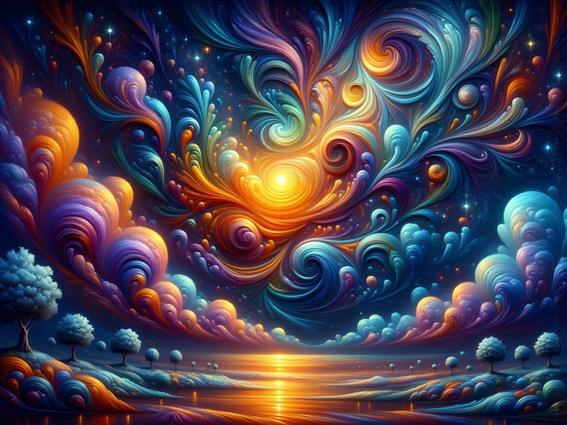 Vibrant Cosmic Scene with Silhouetted Landscape