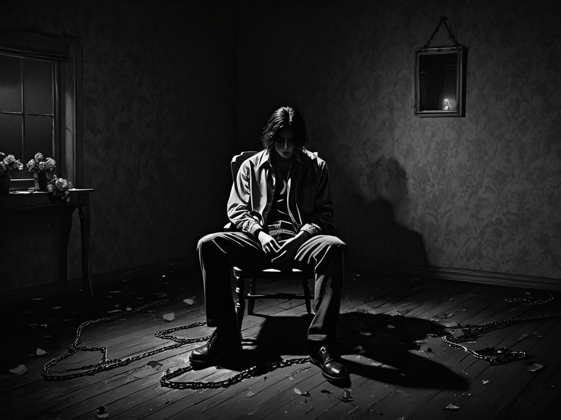 Eerie Room with Bound Figure and Haunting Atmosphere
