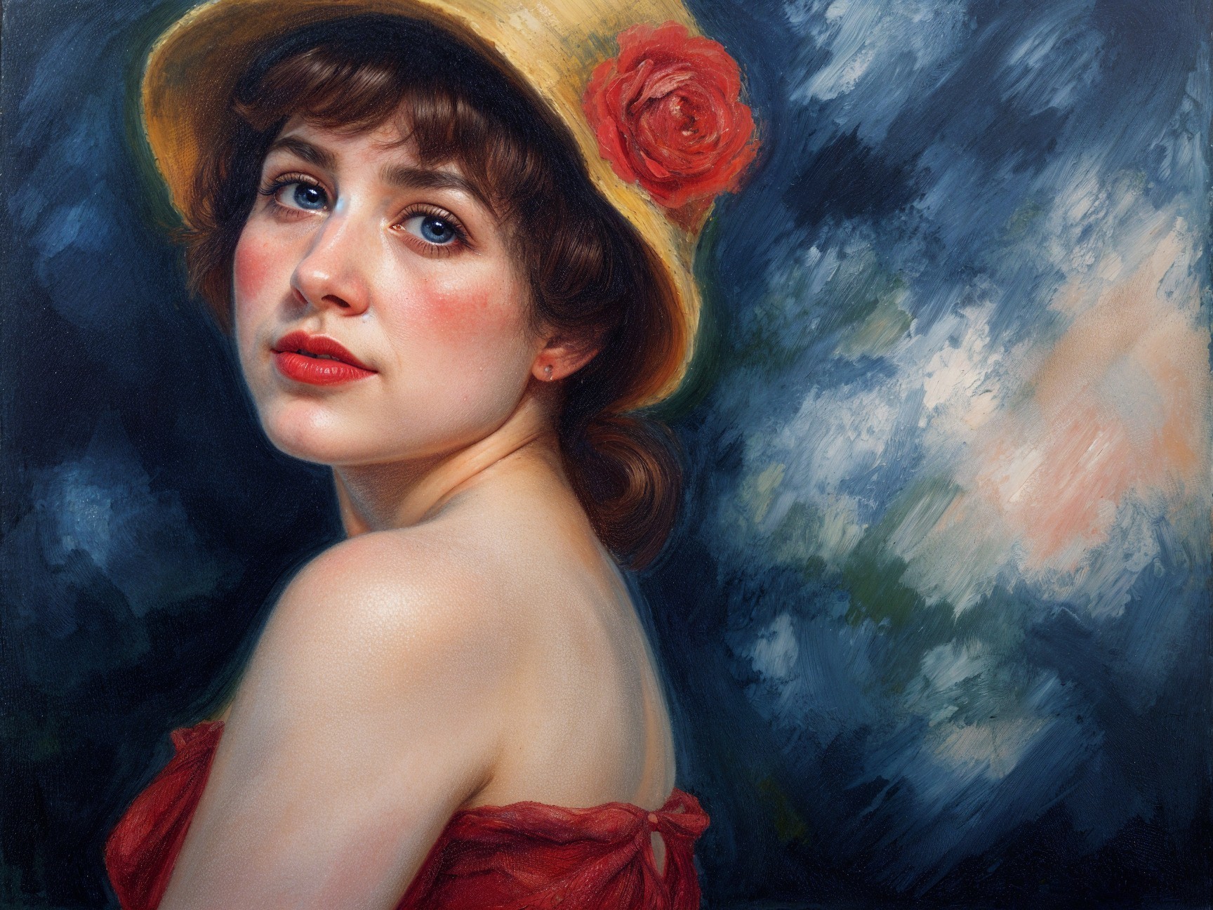 Young woman in red dress with straw hat in soft lighting
