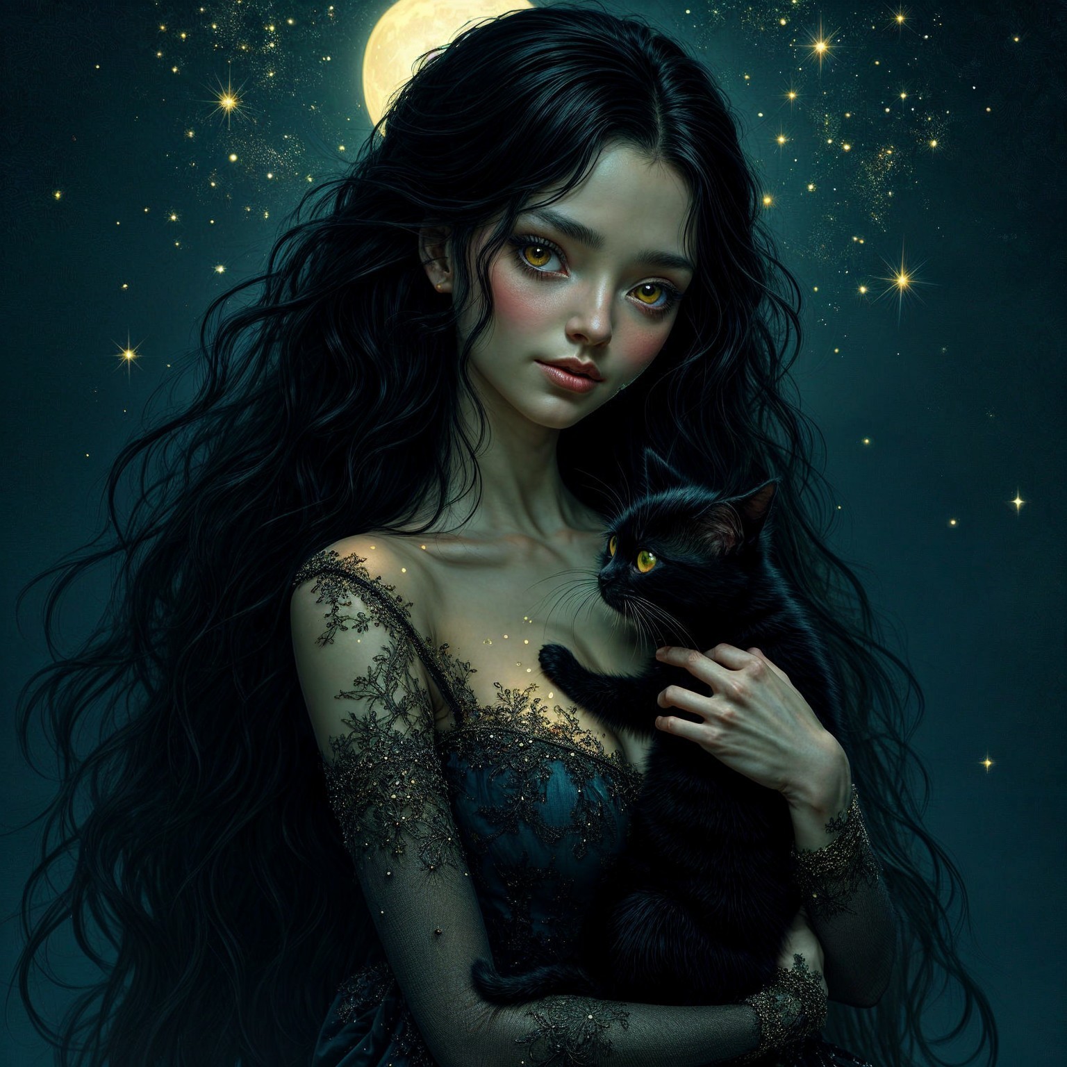 Mystical Woman in Dark Gown with Black Cat Under Moonlight
