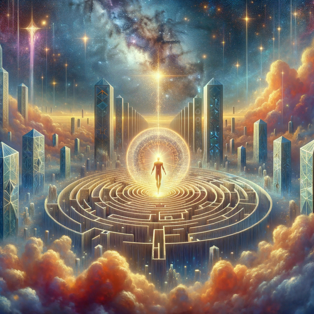 Golden maze with crystalline structures under cosmic sky