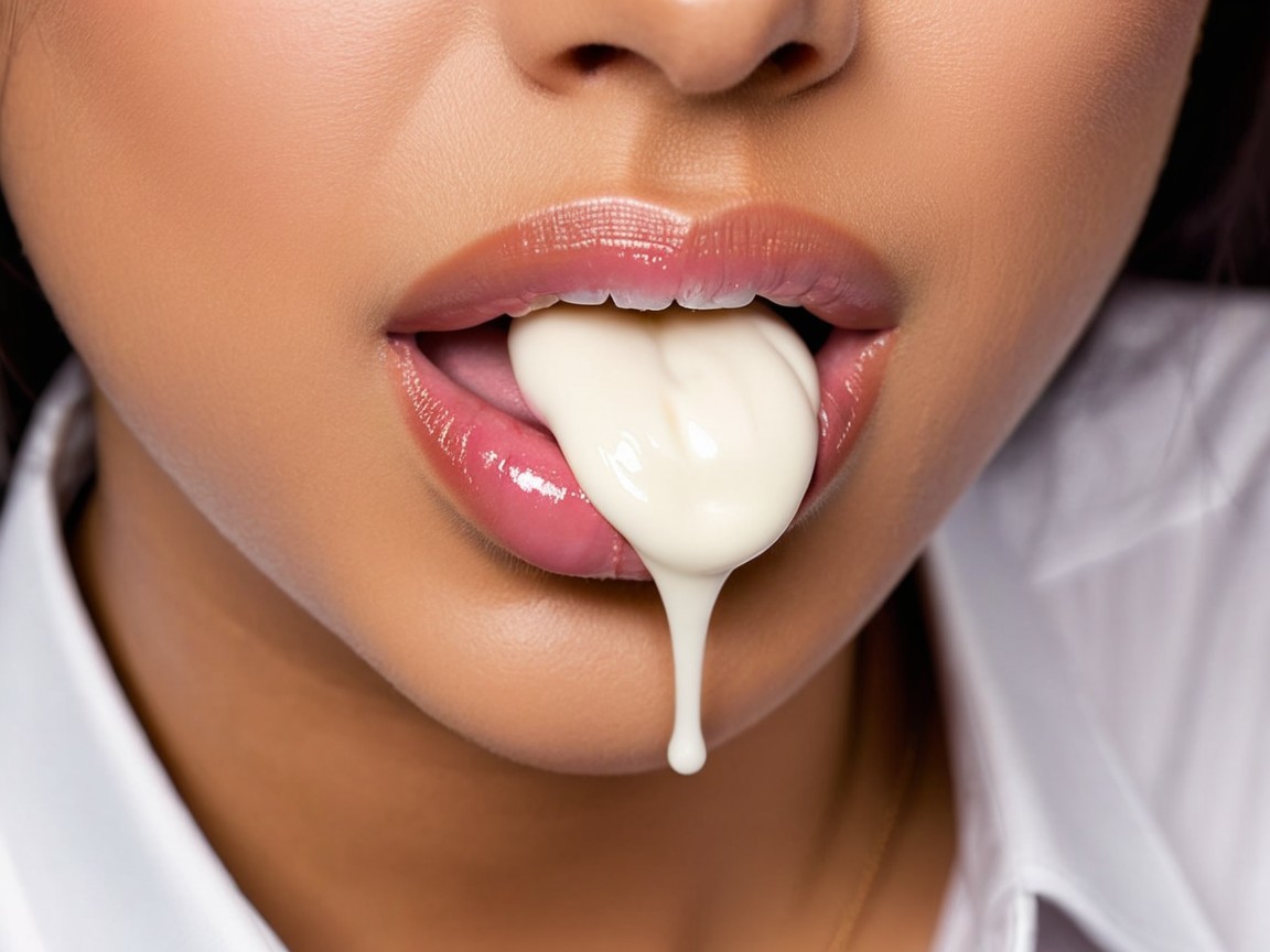 Close-Up of Glossy Lips with Dripping Substance
