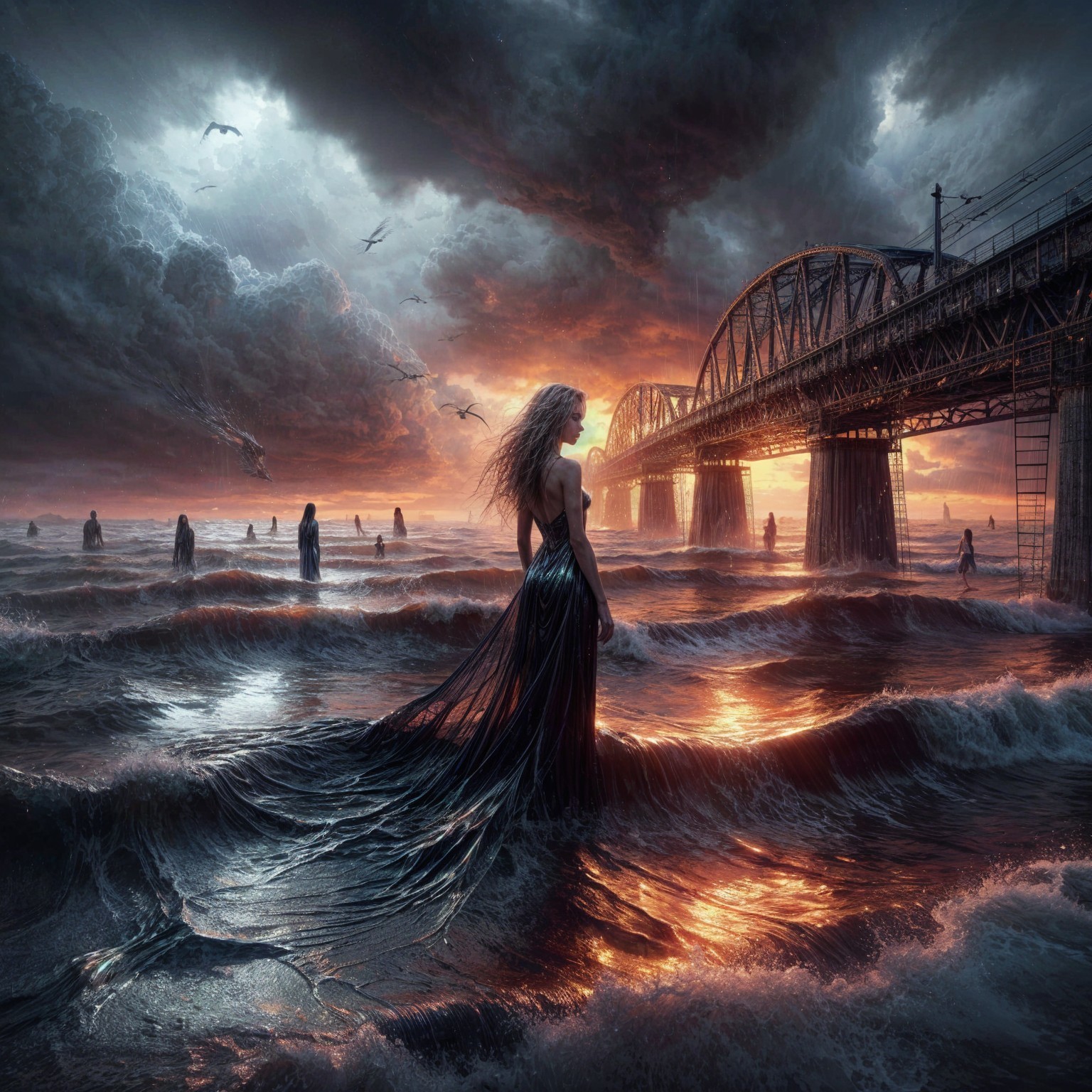 Lone Figure in Black Dress Amidst Turbulent Waters