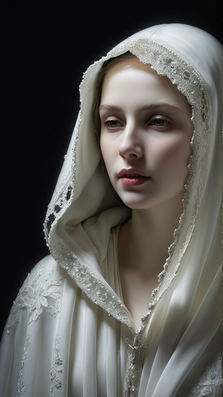 Serene Young Woman in Elegant White Hooded Garment
