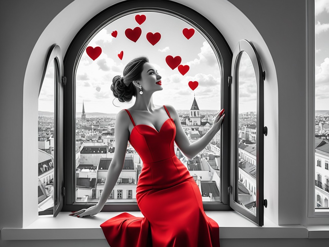 Glamorous Woman in Red Dress Against Cityscape Background