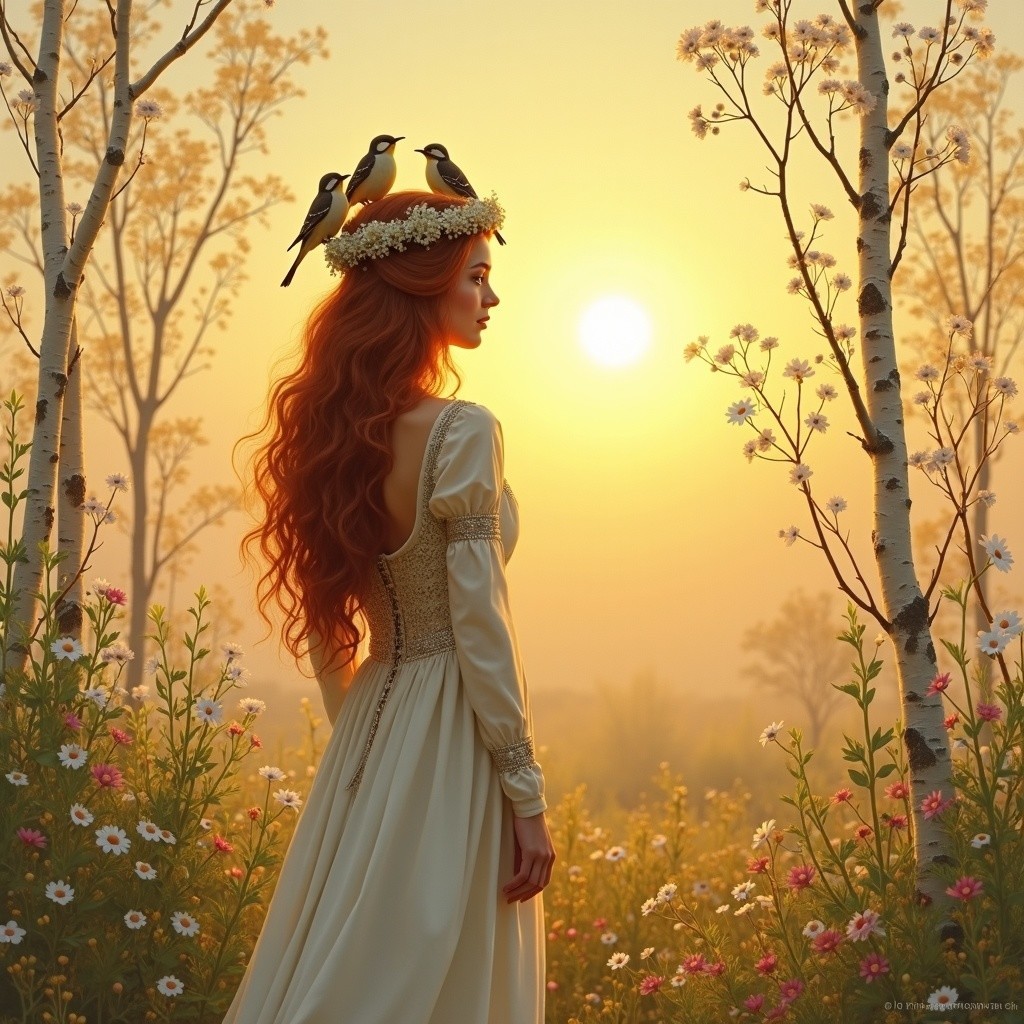 Young Woman in Ivory Gown Amidst Sunset Wildflowers
