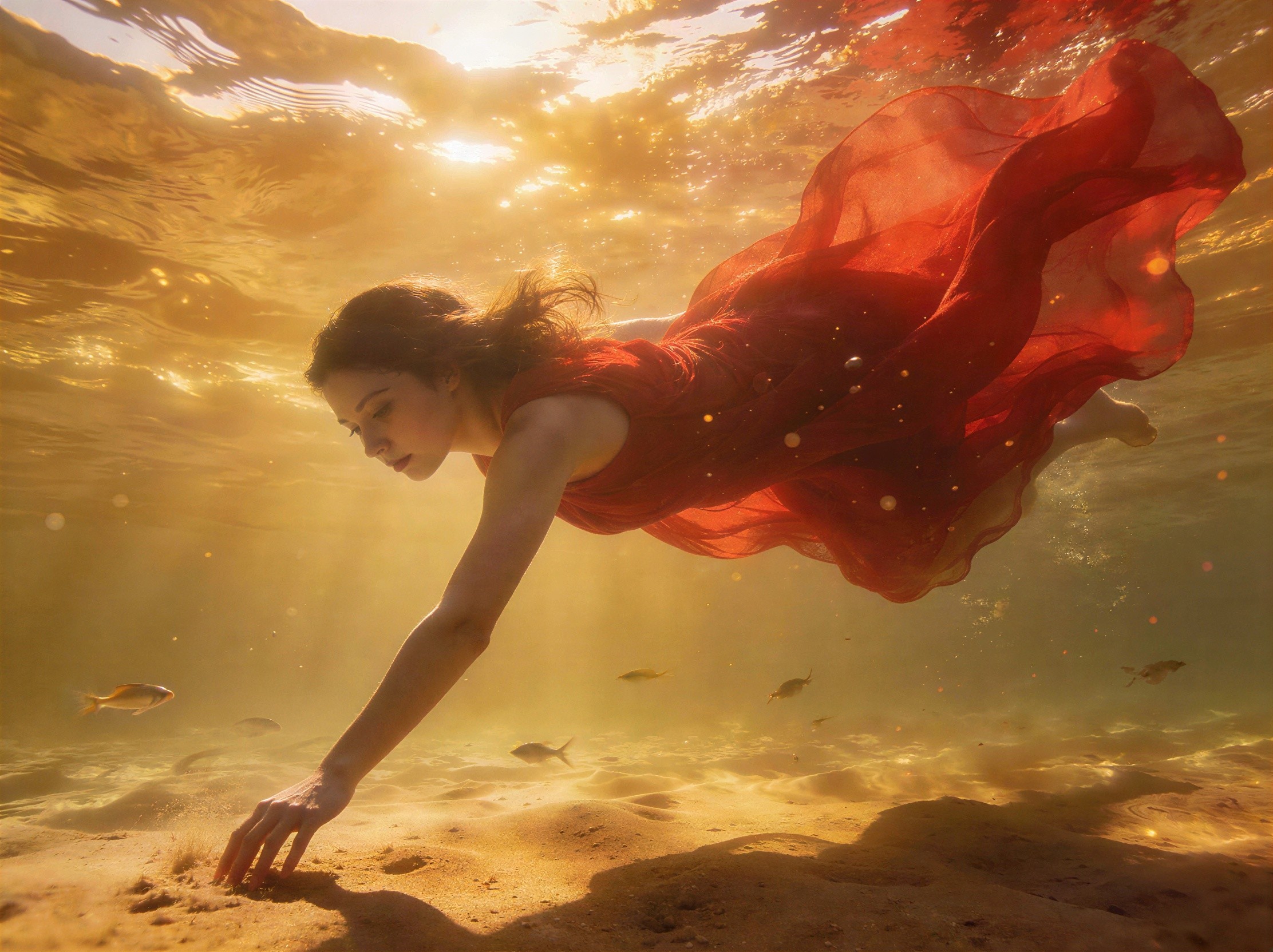 Young woman in red dress swimming underwater in sunlight