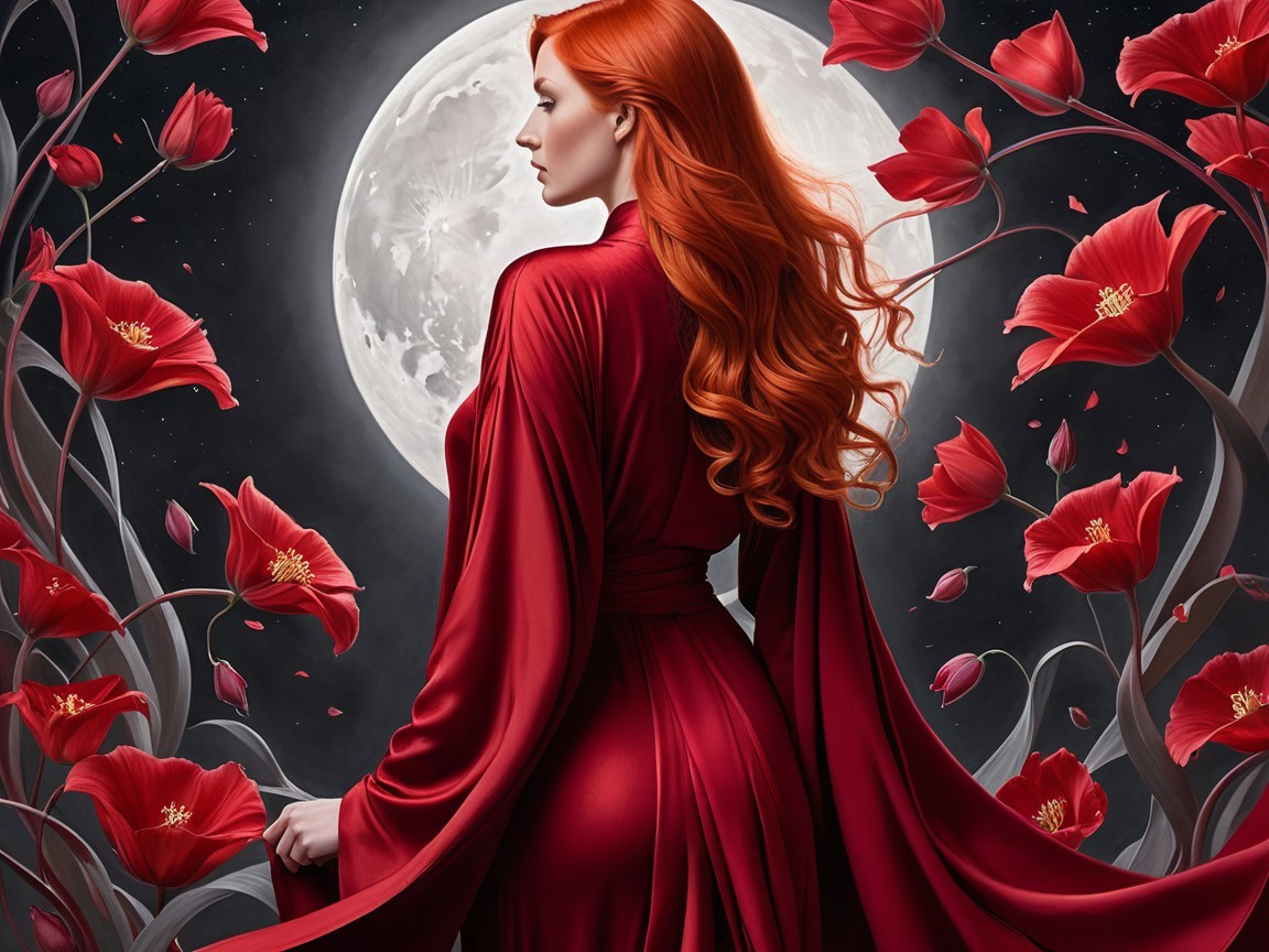 Figure with Red Hair in Vibrant Robe and Flowers