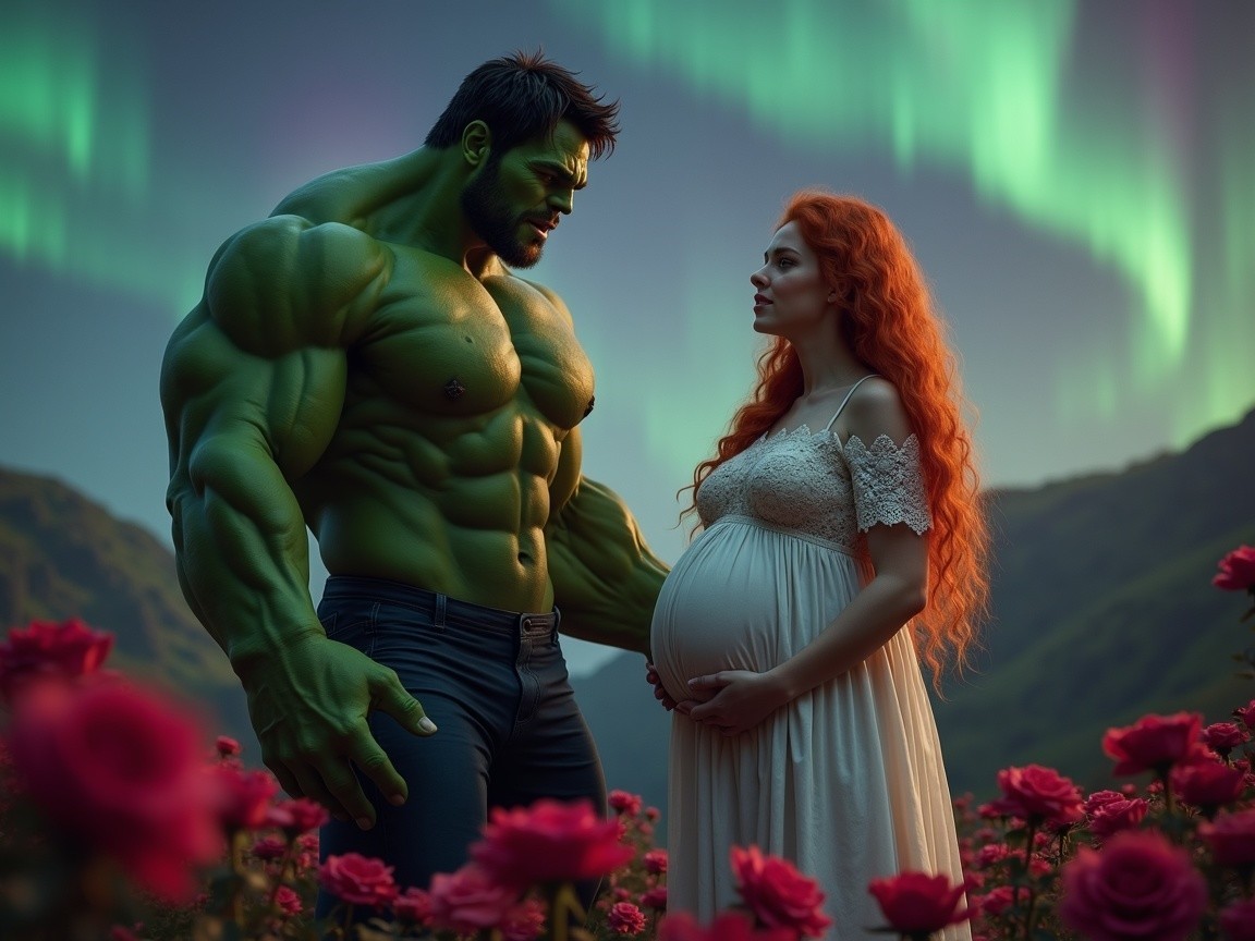 Surreal Landscape with Green Figure and Pregnant Woman
