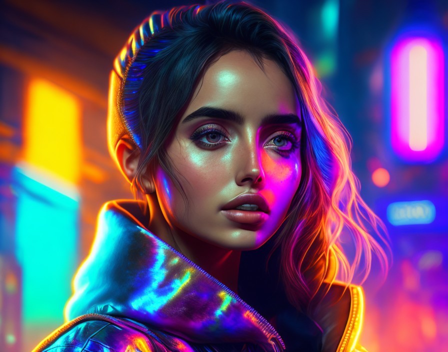 Portrait of a woman in neon urban setting