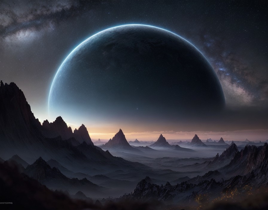 Alien Landscape with Luminous Planet and Mountains