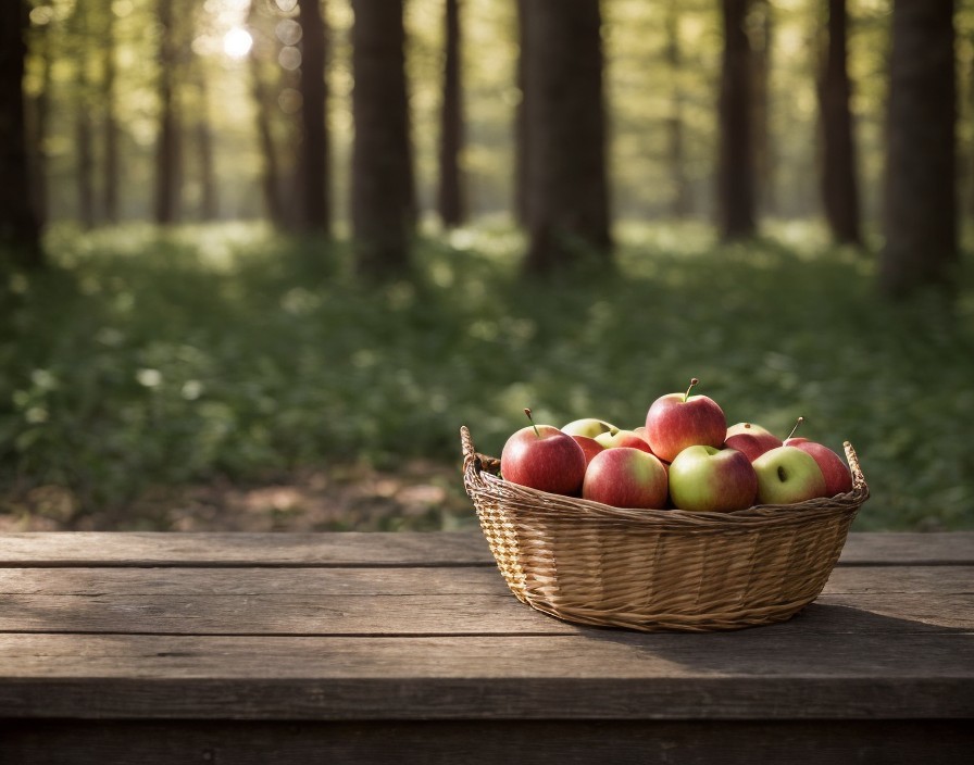 Rustic Wooden Table with Apples in Serene Forest Setting