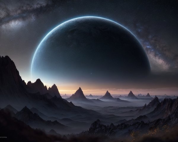 Alien Landscape with Luminous Planet and Mountains