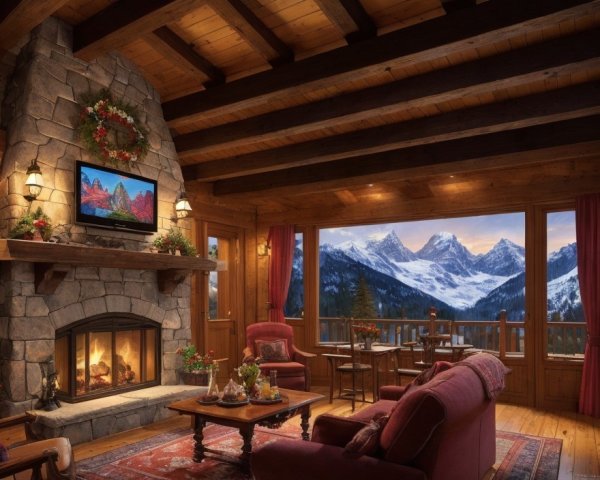 Rustic cabin interior with stone fireplace and mountain view