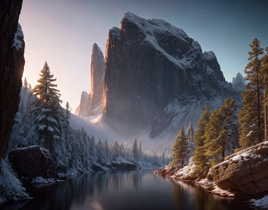 Winter Landscape with Mountains and Serene River