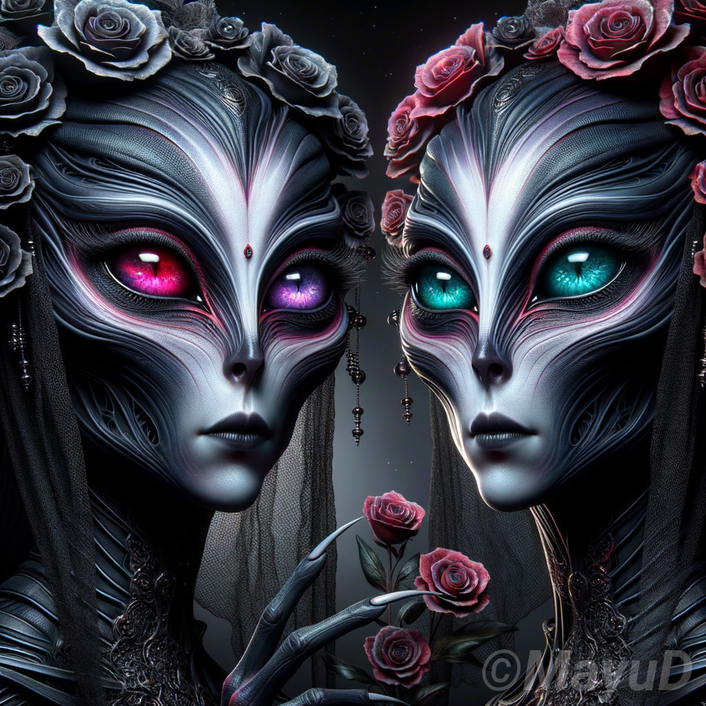 Symmetrical artistic faces with detailed designs and vibrant eye colors