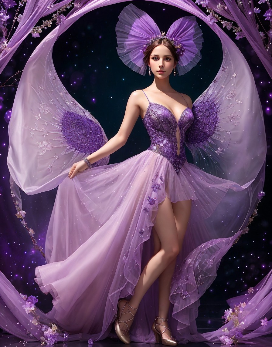 Fantasy figure with butterfly wings in lavender dress on starry backdrop