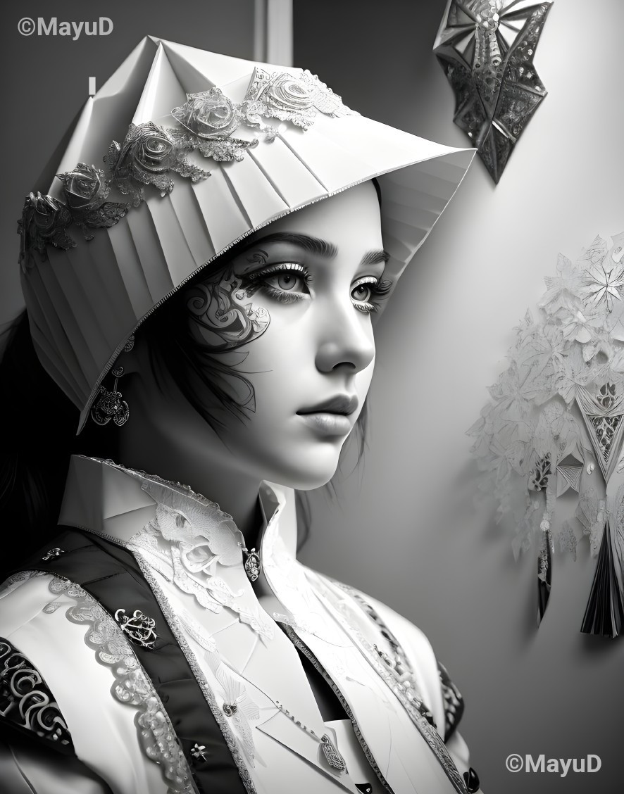 Detailed Monochromatic Digital Portrait of Woman with Decorative Hat