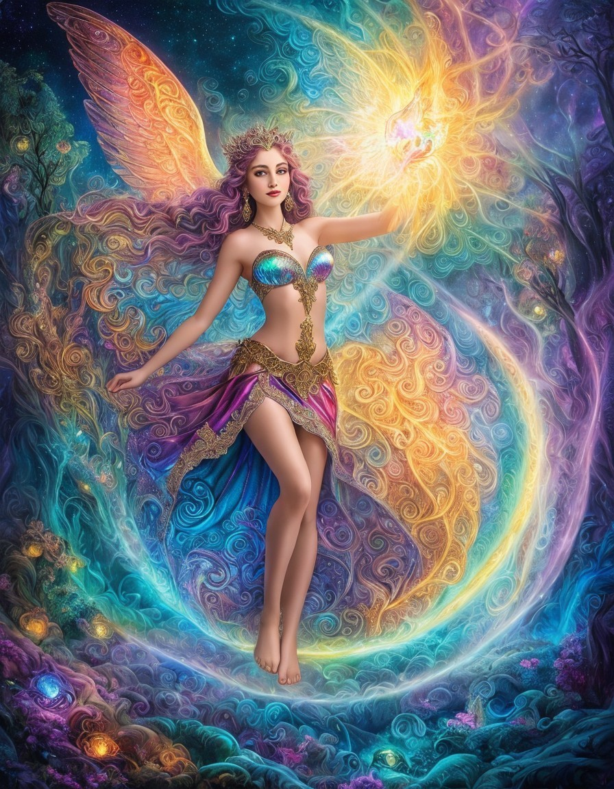 Winged fairy in elaborate attire surrounded by swirling colors