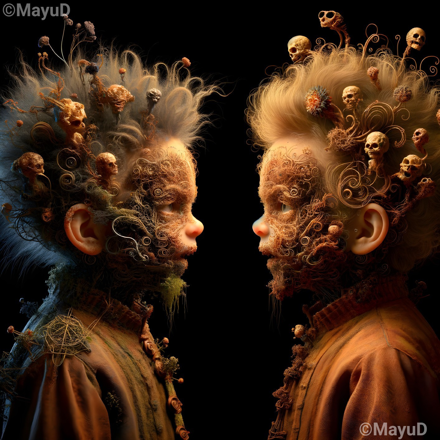 Fantastical figures with nature-infused hair designs on dark background