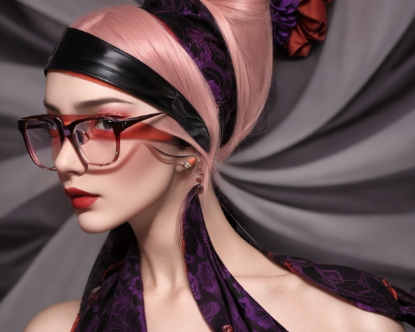 Portrait of a model with pink hair and bold accessories