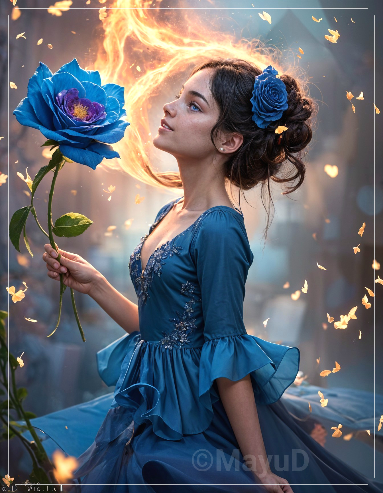 Young Woman in Elegant Blue Dress with Flower
